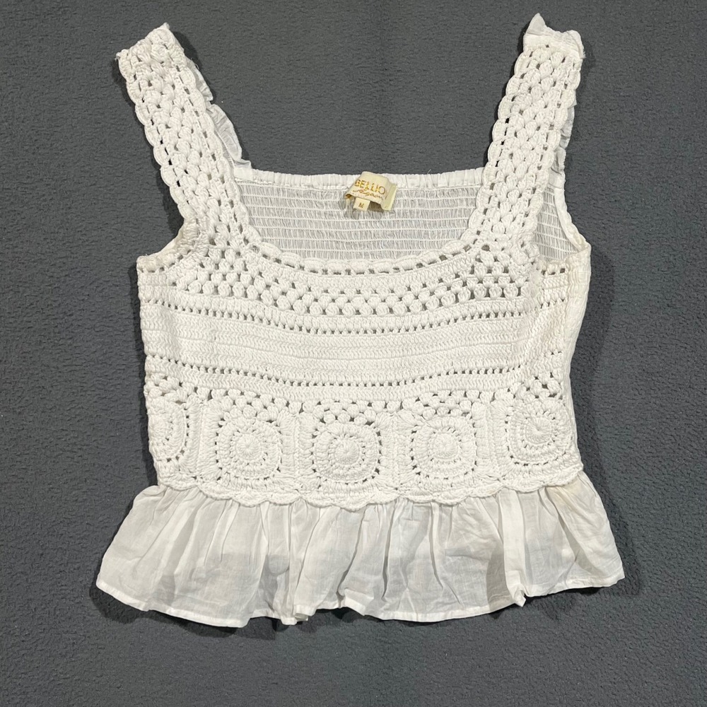 Rebellion Again Crochet Peplum Tank Top Women Size M White Boho Cottagecore